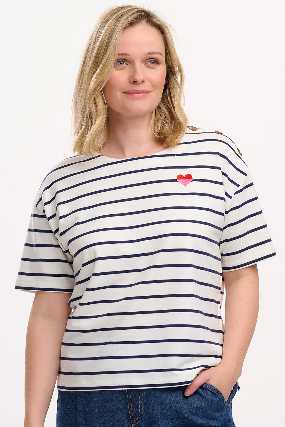 Sugarhill Kirby Breton Tee Top - Off-White/Navy, Split Heart