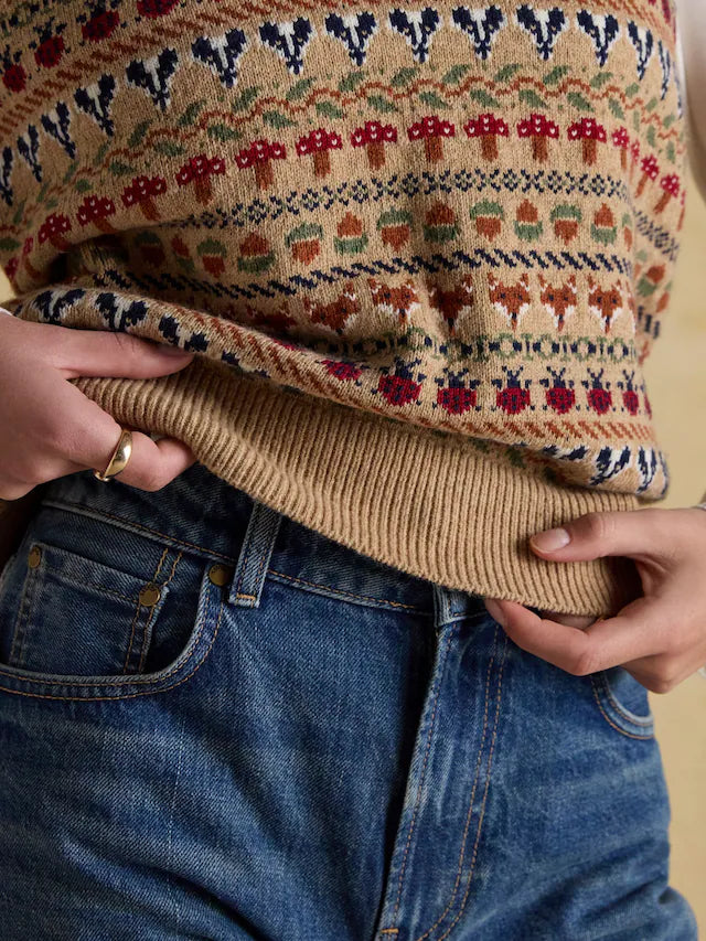 Joules Woodland Oatmeal Cotton-Rich Intarsia Crew Neck Knitted Vest