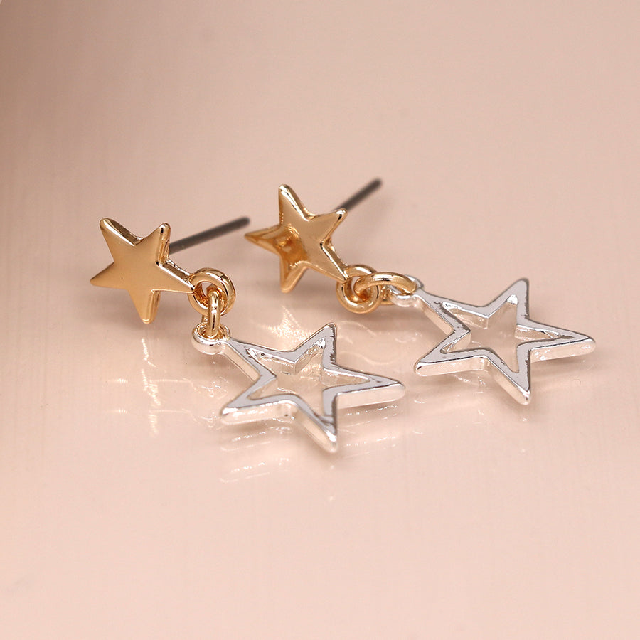 Silver Plated/Faux Gold Star Double Drop Earrings