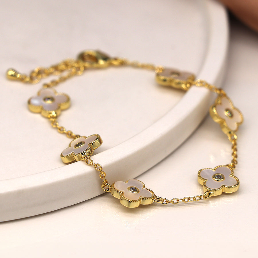 Faux Gold Plated Quarter-foil With Crystal Centre Link Bracelet