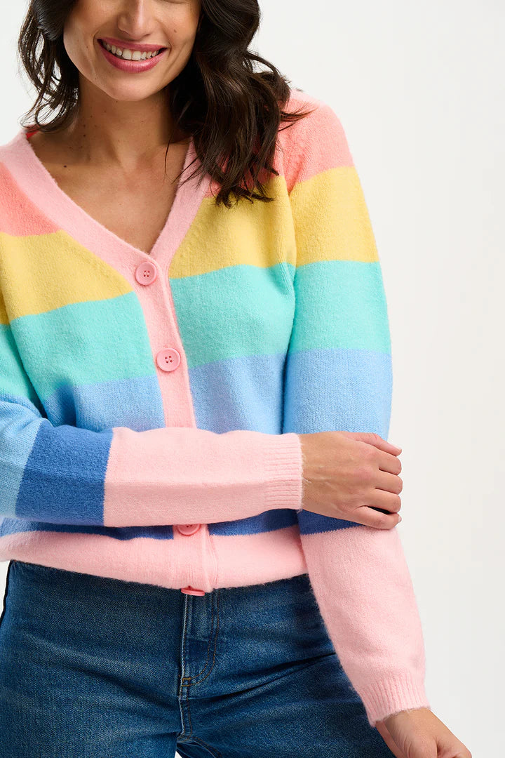 Sugarhill Izzy Cardigan - Multi, Pastel Rainbow Stripes