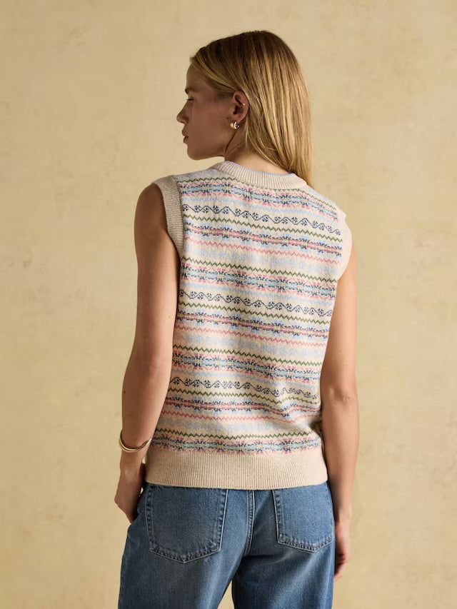 Joules Islay Cream V Neck Fairisle Cotton Rich Vest