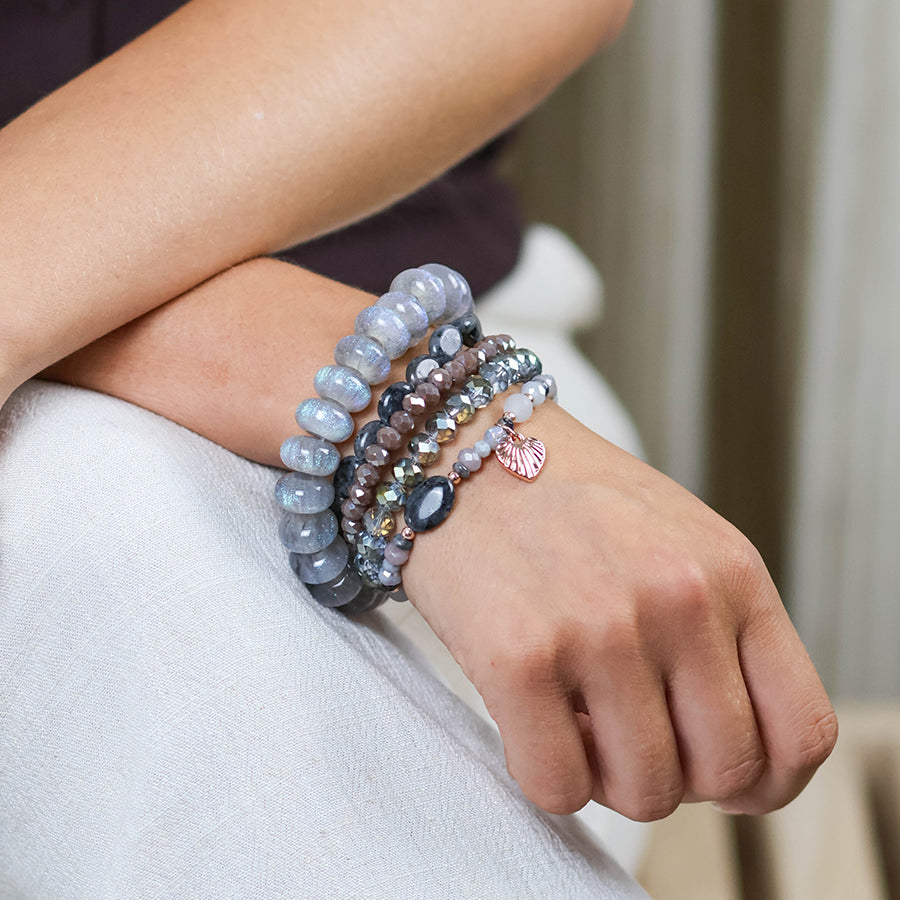 POM Misty five bracelet grey mix beaded stack with rose gold heart