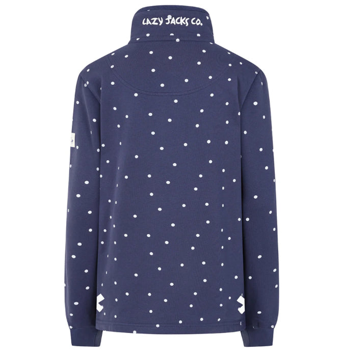 Lazy Jacks Ladies Polka Dot Button Neck Sweatshirt - Twilight