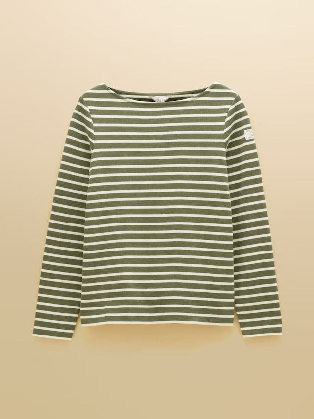 Joules Harbour Khaki Marl & Cream Stripe Long Sleeve Striped Boat Neck Breton Top