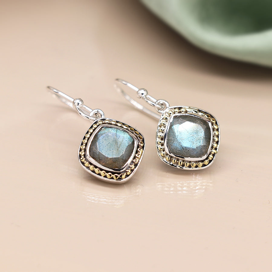 POM Labradorite Sterling Silver Earrings with Brass Dotted Border