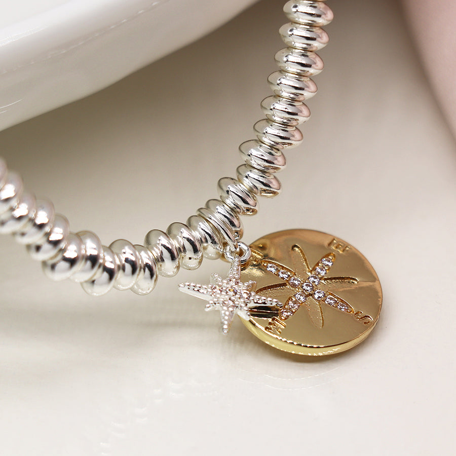 Faux Gold and Silver Plated Double Charm Nautical Compass Bracelet