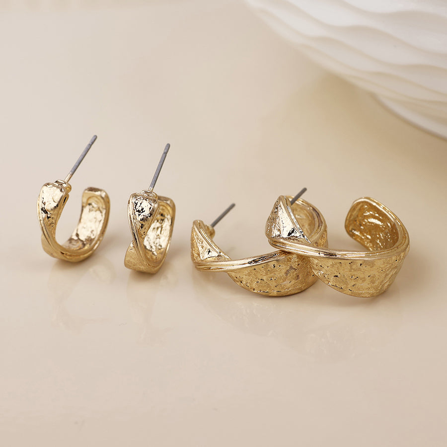 POM Molten golden worn textured twist hoop duo