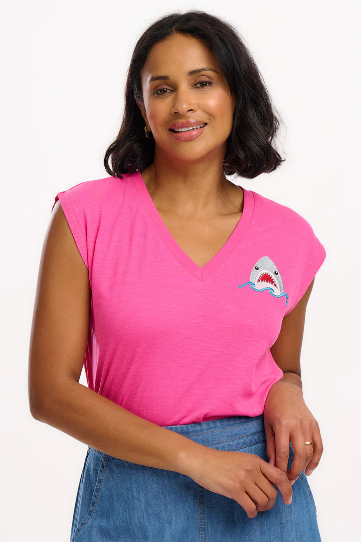 Sugarhill Ariana V-Neck Tank T-shirt - Pink, Fin-tastic Shark