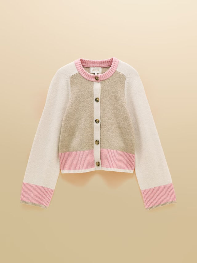 Joules Pink & Cream Crew Neck Knitted Cardigan