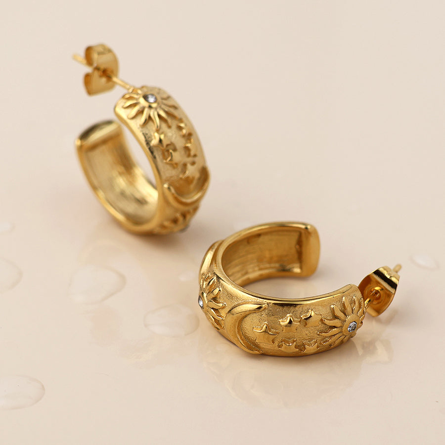 POM Waterproof gold plated moon, star and sun hoop earrings