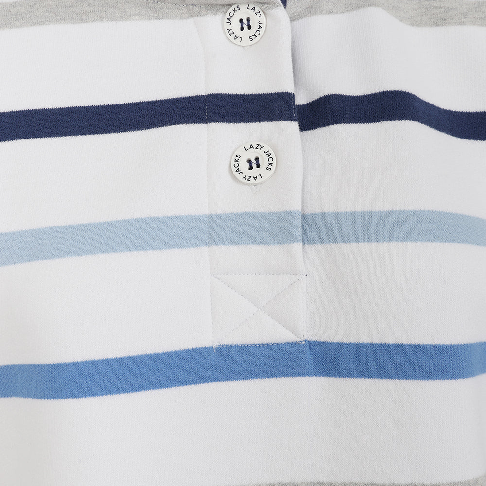 Lazy Jacks Ladies Striped Button Neck Sweatshirt - Blues