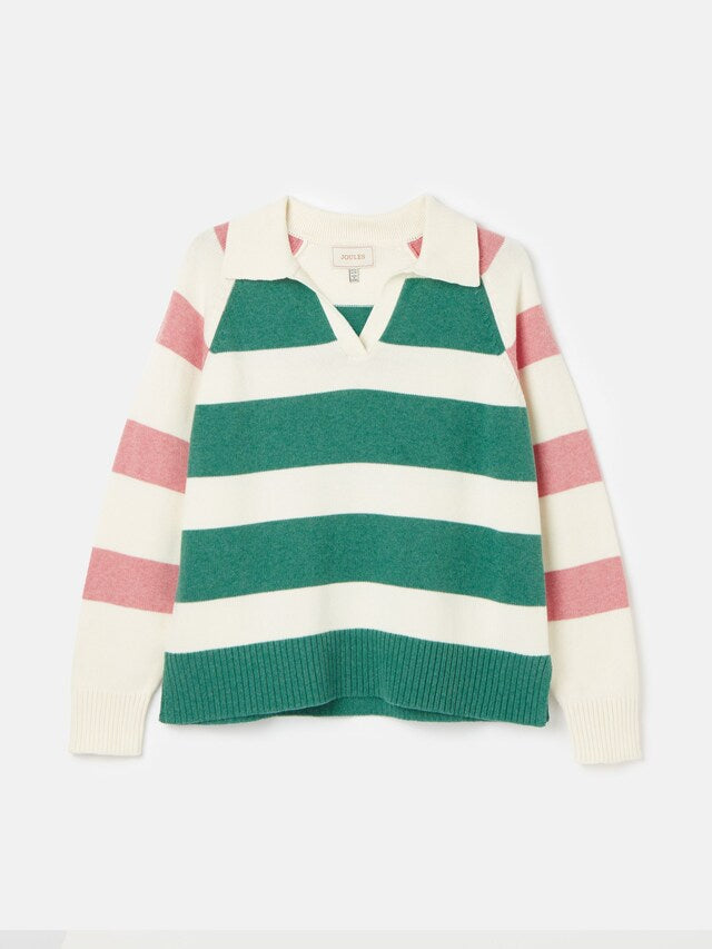 Joules Marion Pink & Green Striped V-Neck Jumper With Collar
