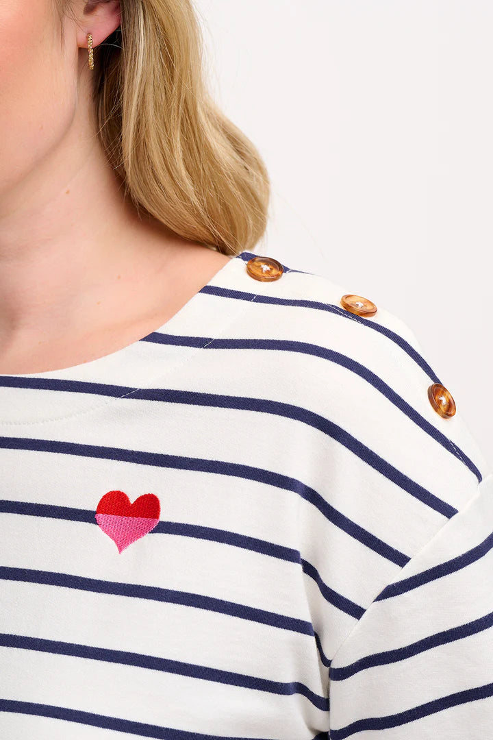 Sugarhill Kirby Breton Tee Top - Off-White/Navy, Split Heart