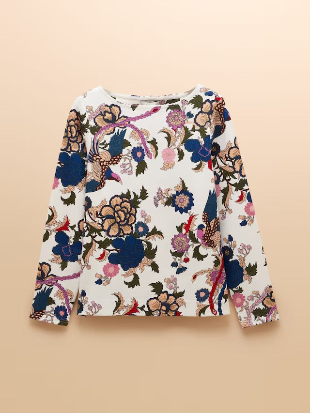 Joules Harbour Cream Bird Floral Boat Neck Printed Top