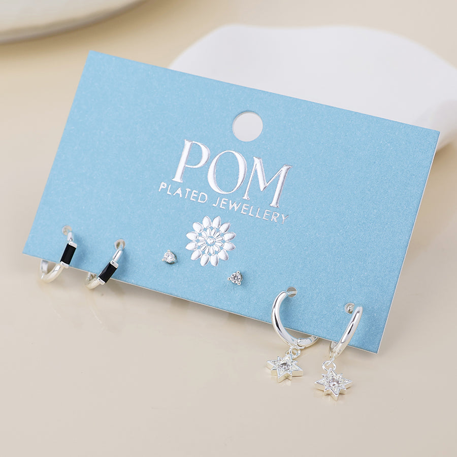 POM Ella silver plated triple earring set with hoops and studs