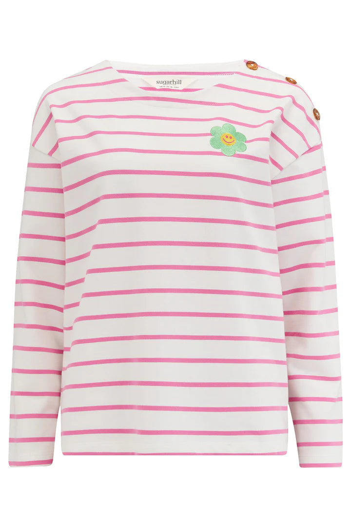 Sugarhill Celine Breton Top - Off-White/Pink, Smiley Flower