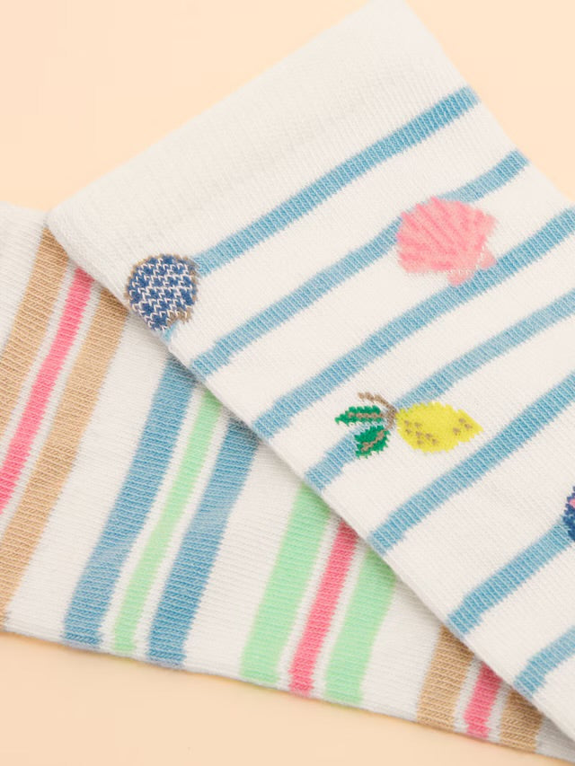 Joules Women's Everyday Cream/Blue 2 Pack Socks (size 4-8)