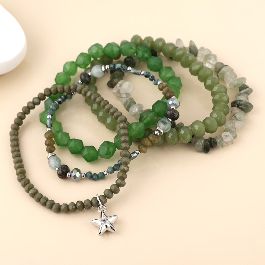 POM Misty five bracelet green mix beaded stack with silver star