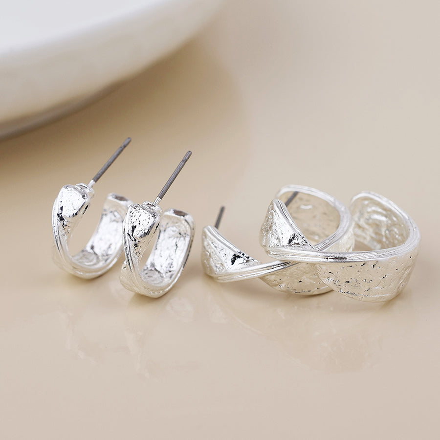 POM Molten silver plated worn textured twist hoop duo