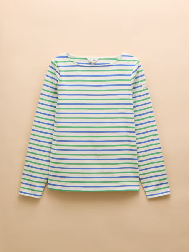Joules Harbour Green Blue Striped Boat Neck Breton Top