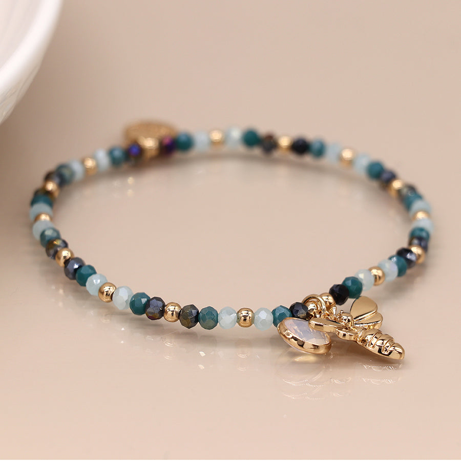 Aqua Crystal Bead Bracelet with Bee Charm