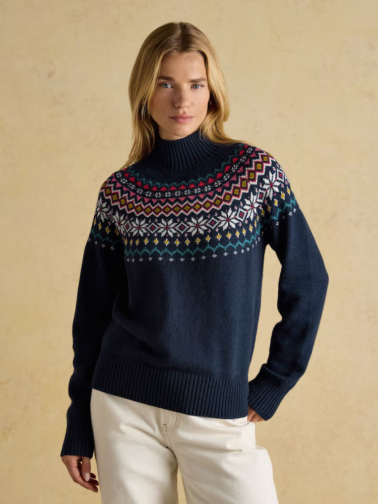 Joules Alba Navy Fairisle High Neck Cotton Blend Jumper
