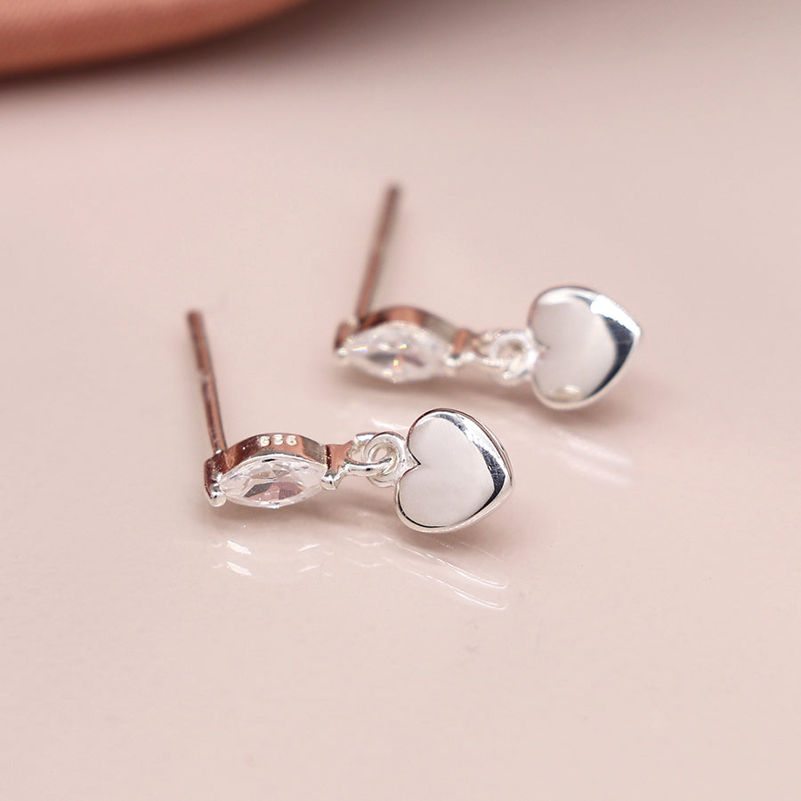 POM Sterling Silver Marquis Earrings CZ Studs with Hanging Heart Charms