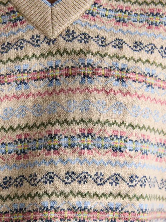 Joules Islay Cream V Neck Fairisle Cotton Rich Vest