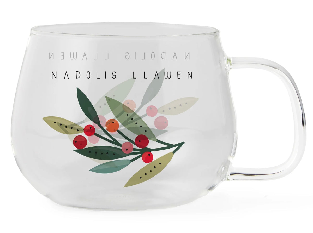 Belly Button Borosilicate Glass Nadolig Llawen Sprig & Berries Mug