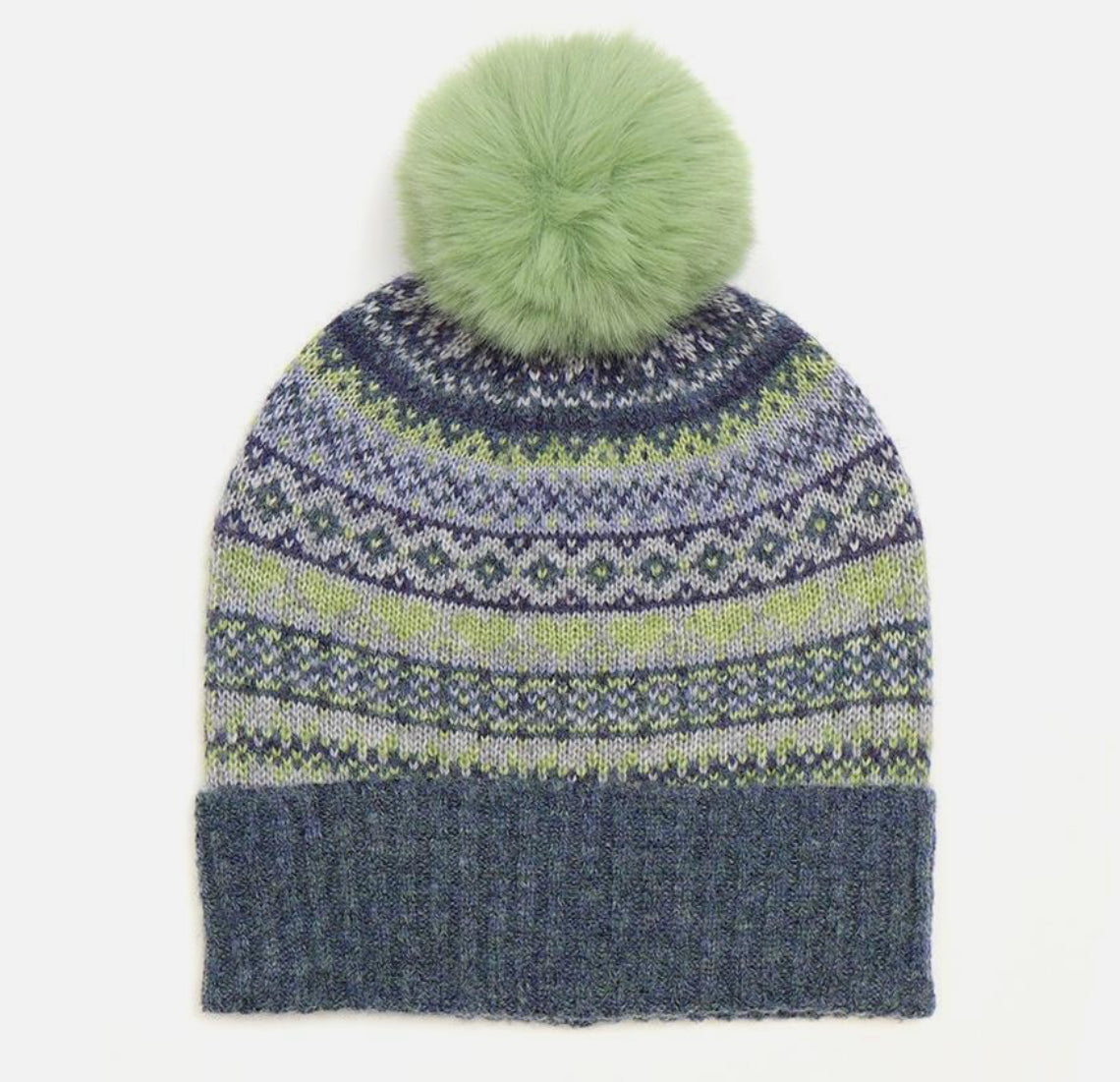 POM Peace of Mind Bobble Hat Winter Blue Green Fair Isle Pattern