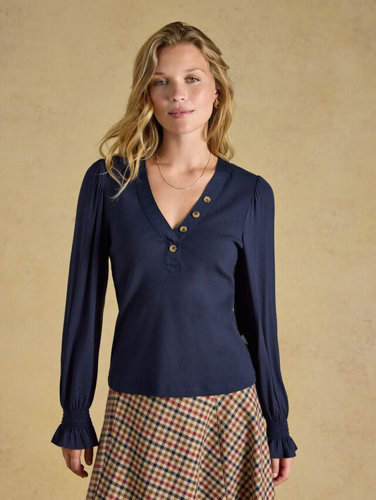 Joules Eloise Navy Ribbed Cotton Rich Jersey Top with Viscose Sleeves