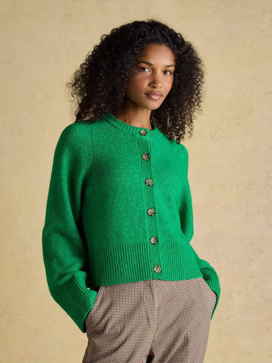 Joules Green Relaxed Knitted Round Neck Button Through Cardigan