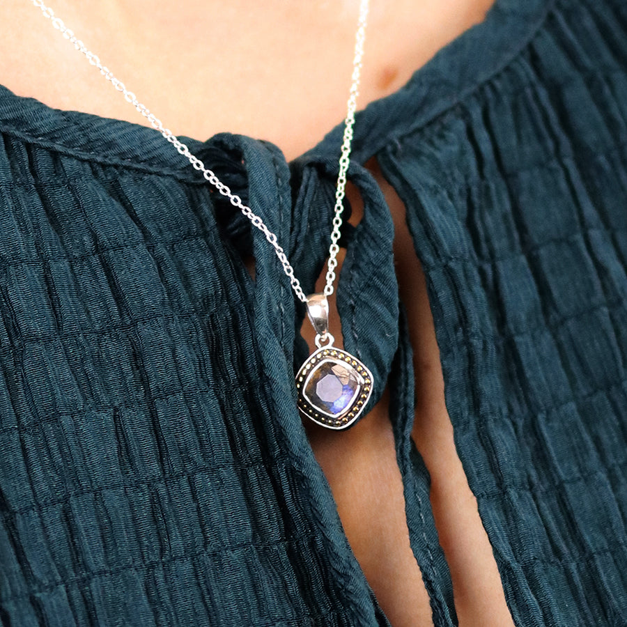 POM  Labradorite Sterling Silver Necklace with Brass Dotted Border