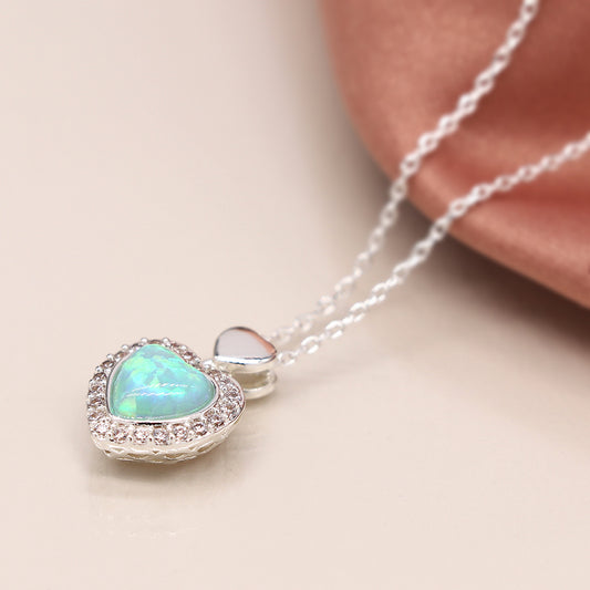 Pom Silver Plated Blue Faux Opal Heart Necklace With Crystal Border
