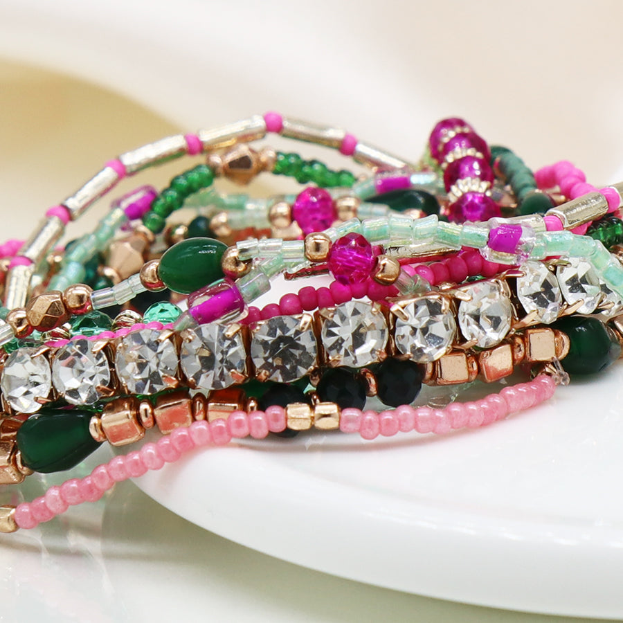 Pom Pink/ Green Mix Multi Strand Bracelet Set