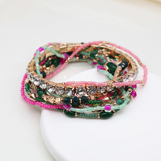 Pom Pink/ Green Mix Multi Strand Bracelet Set