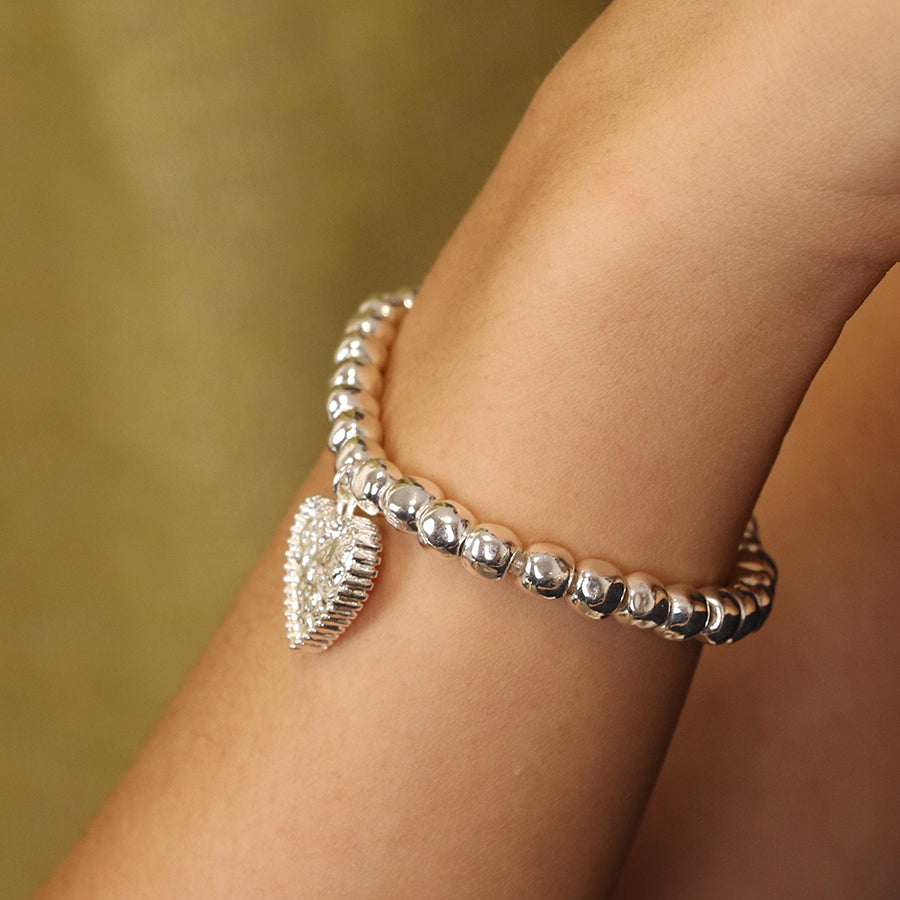 Pom Chunky Bead Bracelet With Heart Charm