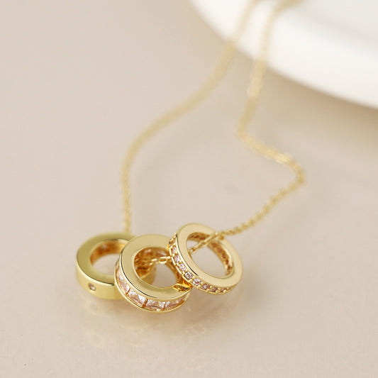 Pom Faux Gold Triple Mini Crystal Rings Necklace
