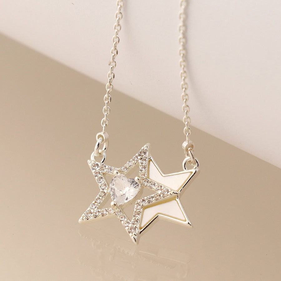 Pom Silver Plated Pave Crystal Double Star Necklace With Crystal Heart Centre