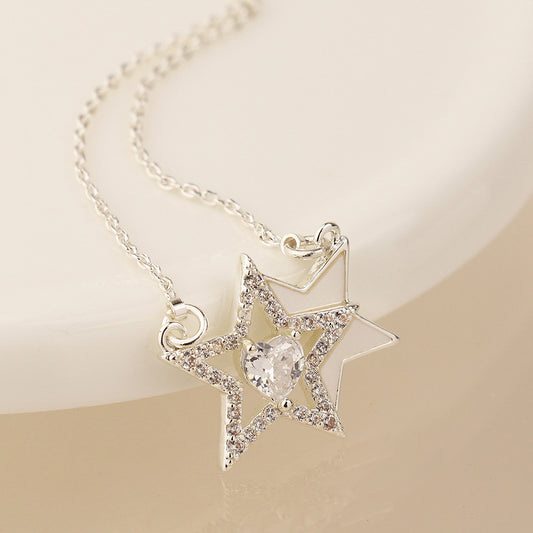 Pom Silver Plated Pave Crystal Double Star Necklace With Crystal Heart Centre