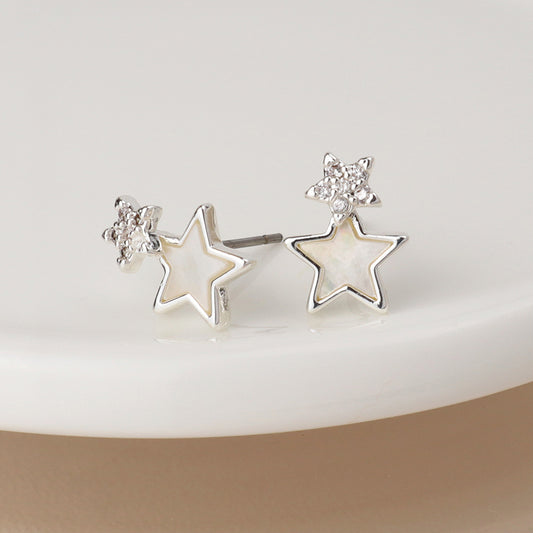 Pom Silver Plated Double Star Stud Earrings With Shell