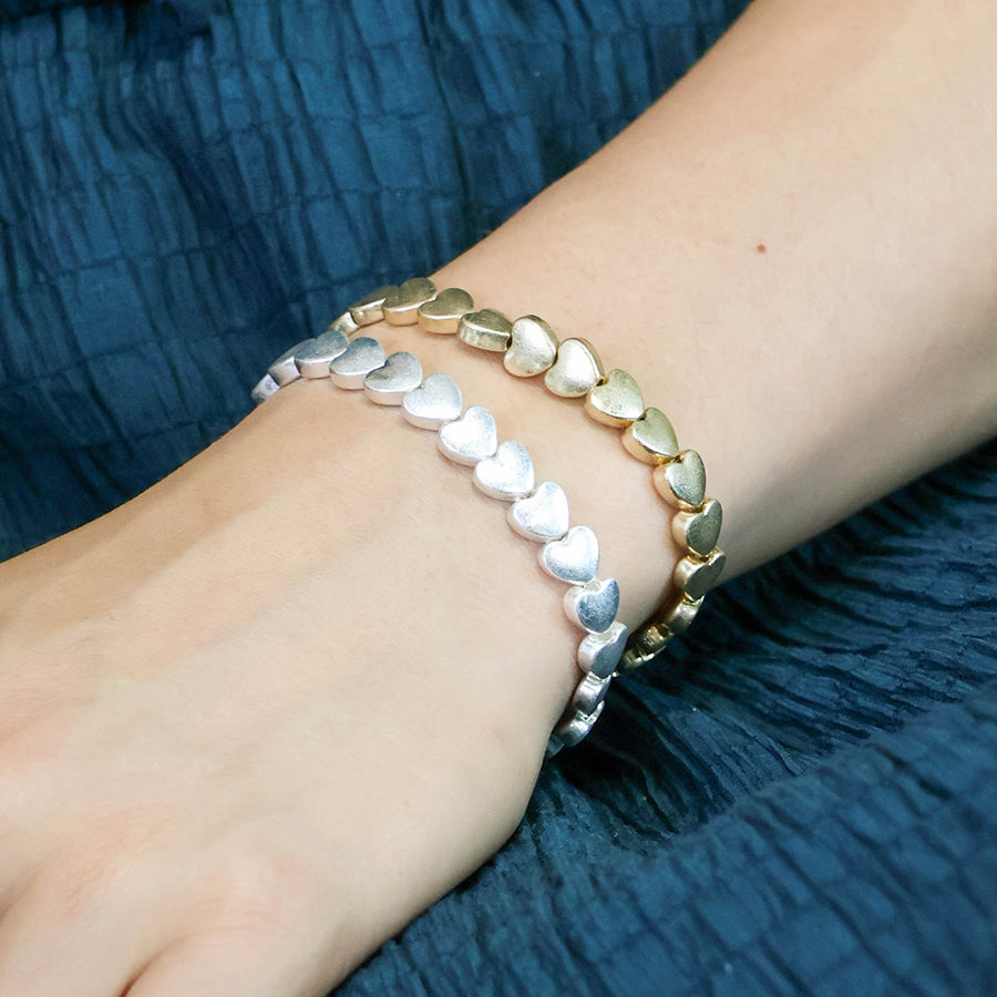 Pom Worn Silver Smooth Hearts Beaded Stretch Bracelet