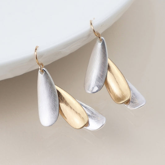 Pom Brushed Mixed Finished Triple Layer Drop Earrings