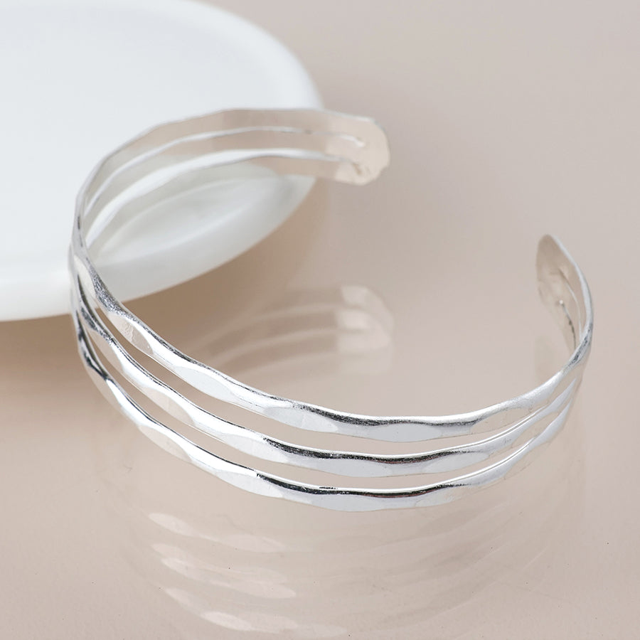 Pom Worn Silver 3 Layer Open bangle