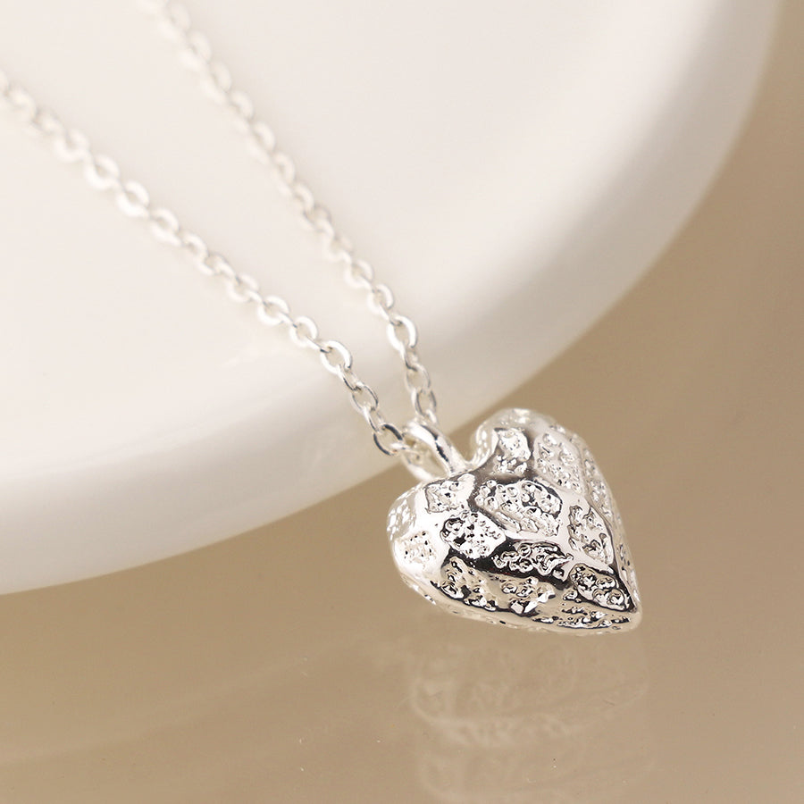 Pom Silver Plated Vintage Embossed Heart Pendant Necklace