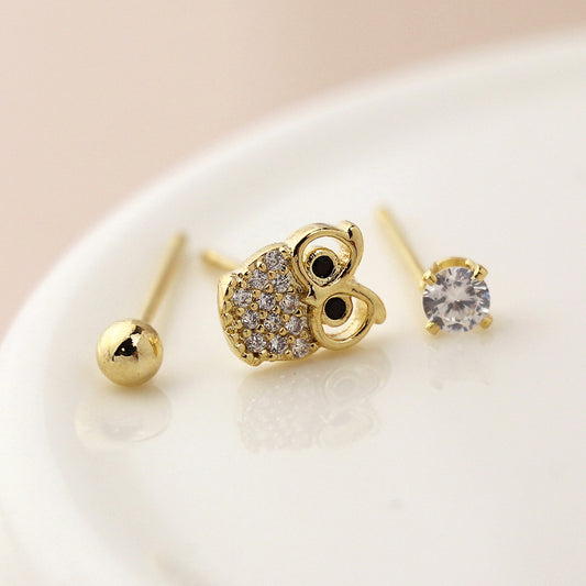 Pom Gold Plated Owl Mix 3 Pack Stud Set