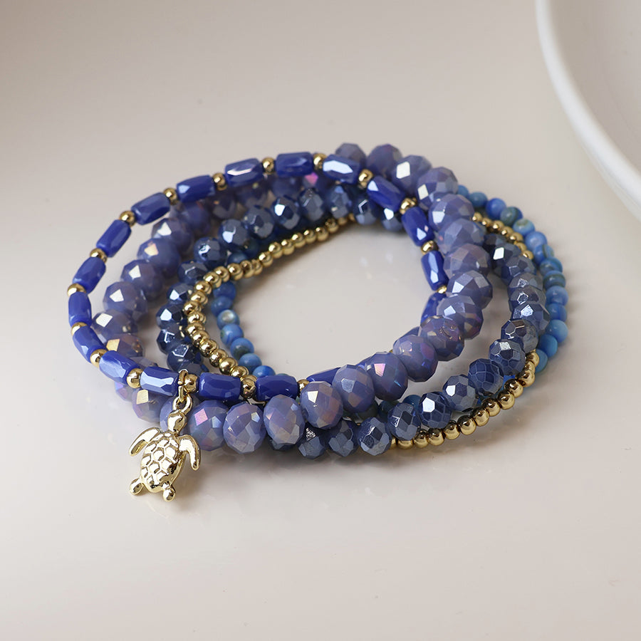 POM Blue and Gold Bead Bracelet Stack with Gold Turtle Charm