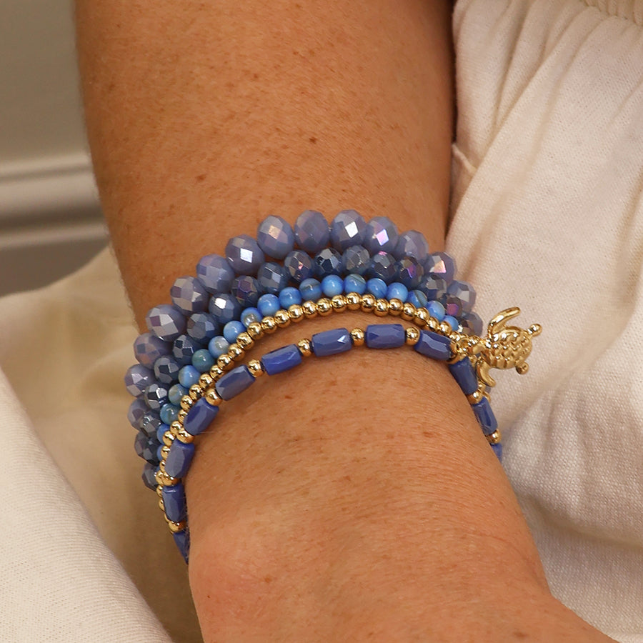 POM Blue and Gold Bead Bracelet Stack with Gold Turtle Charm