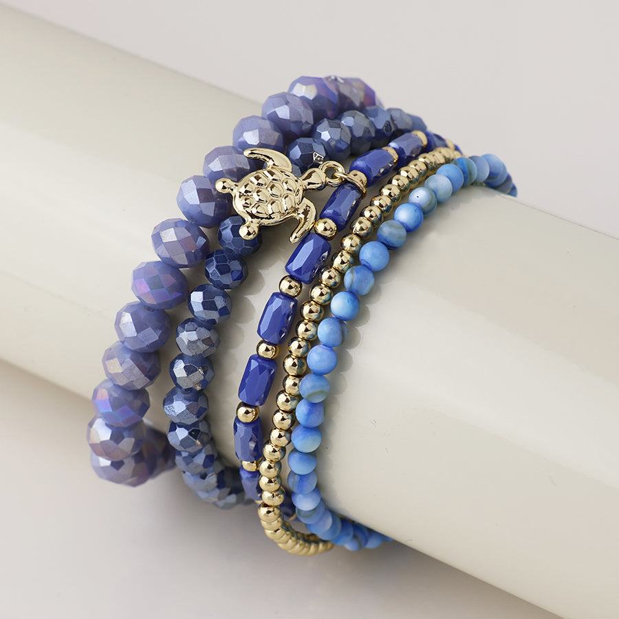 POM Blue and Gold Bead Bracelet Stack with Gold Turtle Charm